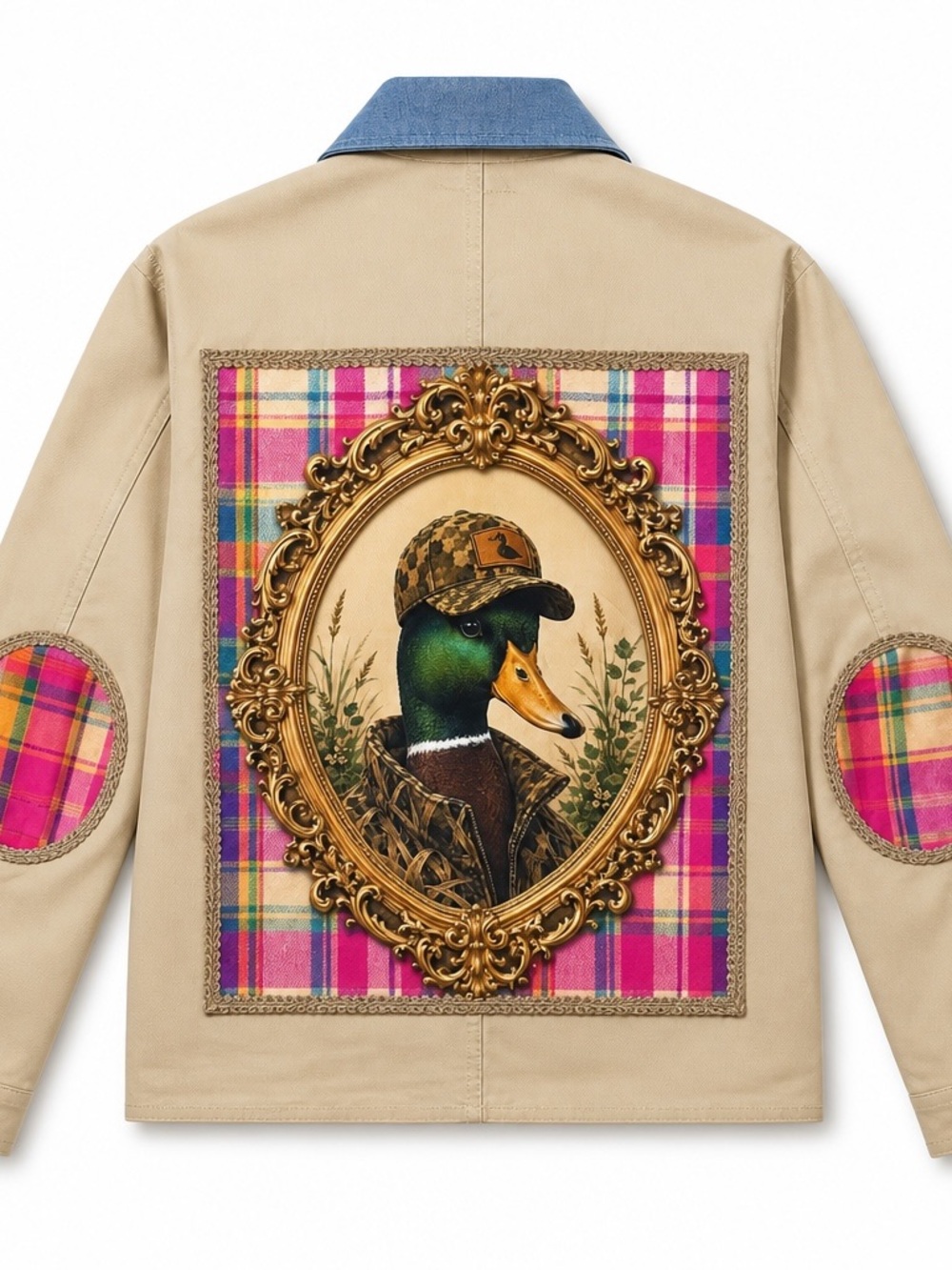 Beige Cotton Jean Jacket with Pink Plaid Duck Back Panel